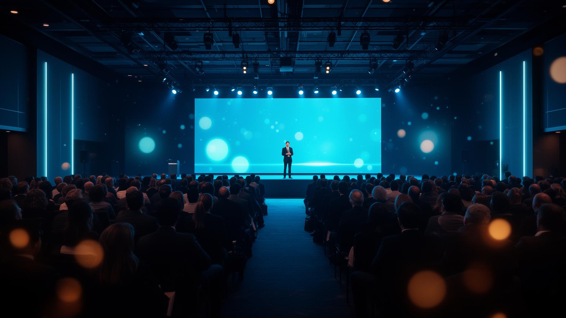 Auditório iluminado em azul e ciano com palco e plateia.